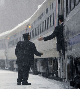 Getting on train in the snow